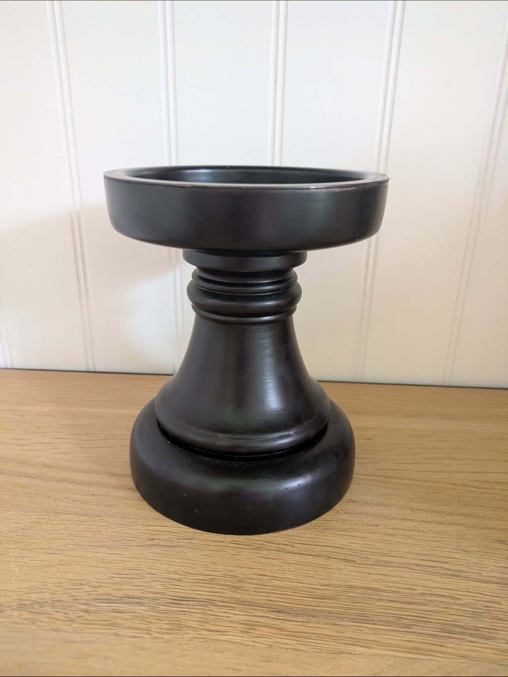 Pottery Barn Black Pillar Candle Holder - wooden with metal insert